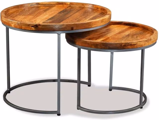 Berkfield Home Set of 2 Round Nesting Side Tables in Brown Solid Mango Wood – 1