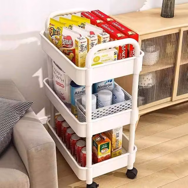 FORGEVIO 3-Tier White Plastic Kitchen Storage Trolley on Wheels – 1