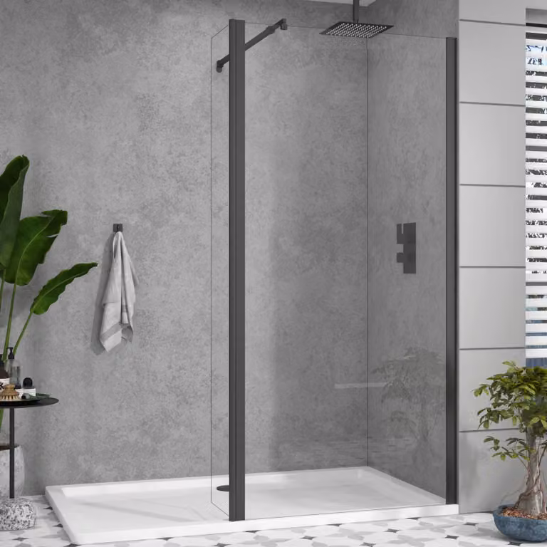 Royal Bathrooms Marbella Walk in Wet Room Shower Screen with Flipper Panel, Matt Black, 8mm Easy Clean Clear Glass, W: 60 cm, H: 185 cm