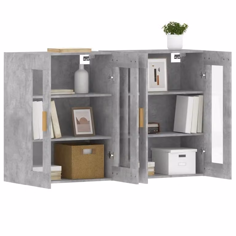 Berkfield Home Set of 2 Wall Mounted Cabinets in Concrete Grey with Glass Doors and Internal Shelves
