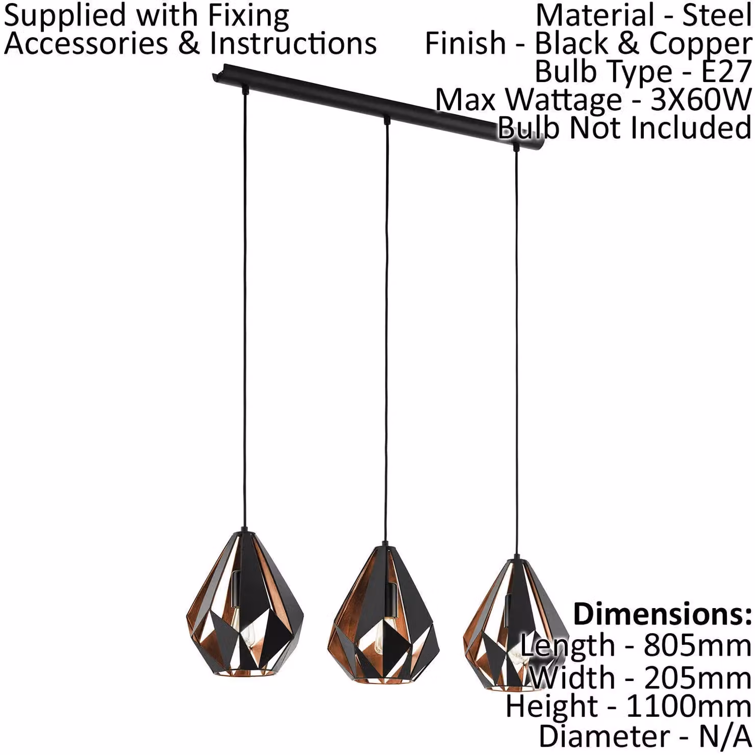 Loops Geometric 3 Bulb Ceiling Pendant Light and 2 Matching Wall Lights in Black and Copper – 2