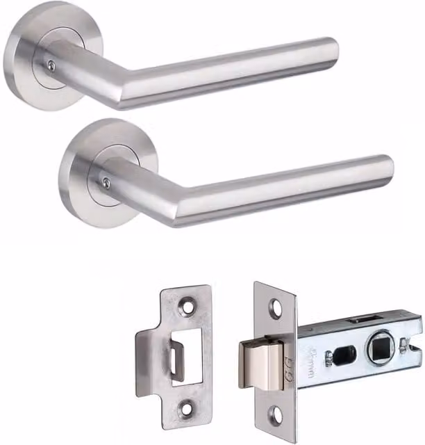 Golden Grace Brushed Silver Mitred Door Handle on Round Rose with Latch