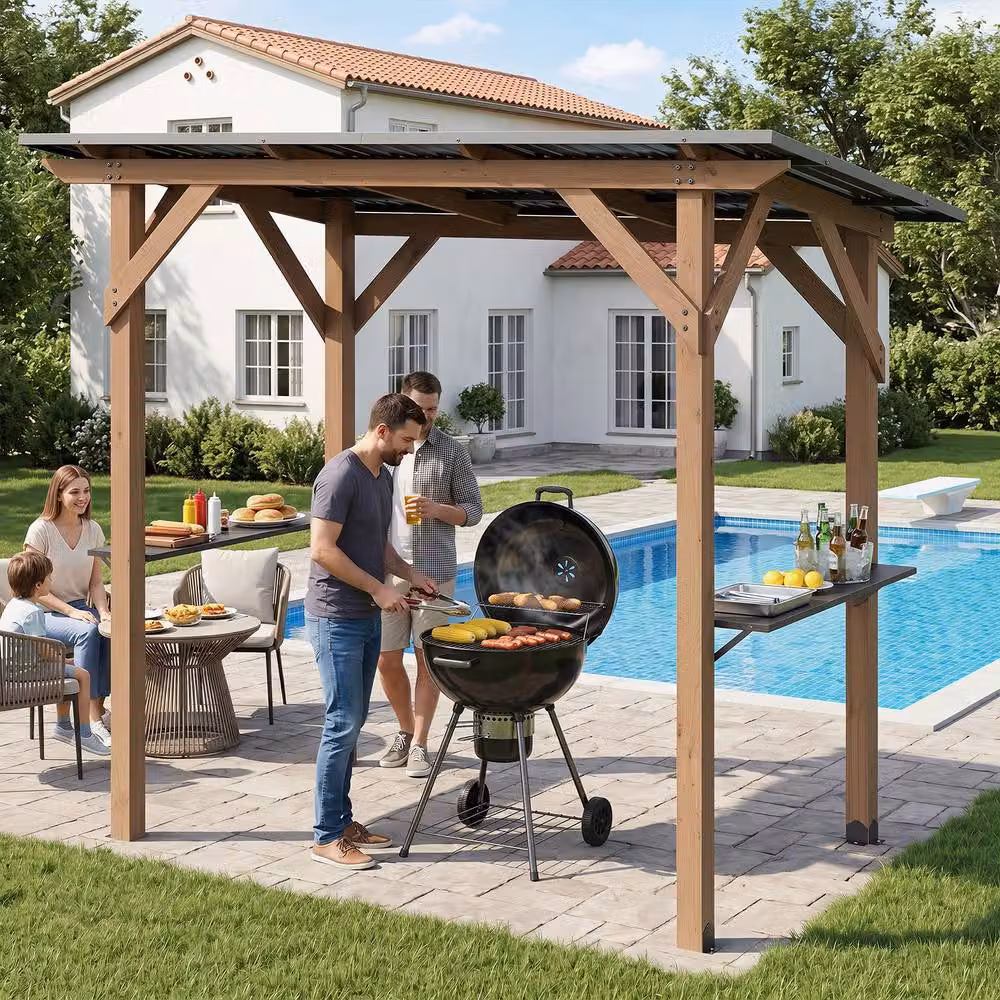 Costway Brown Cedar Wood BBQ Grill Gazebo with 2 Side Serving Shelves, W/D/H: 262.86 x 223.52 x 151.13 cm – 5