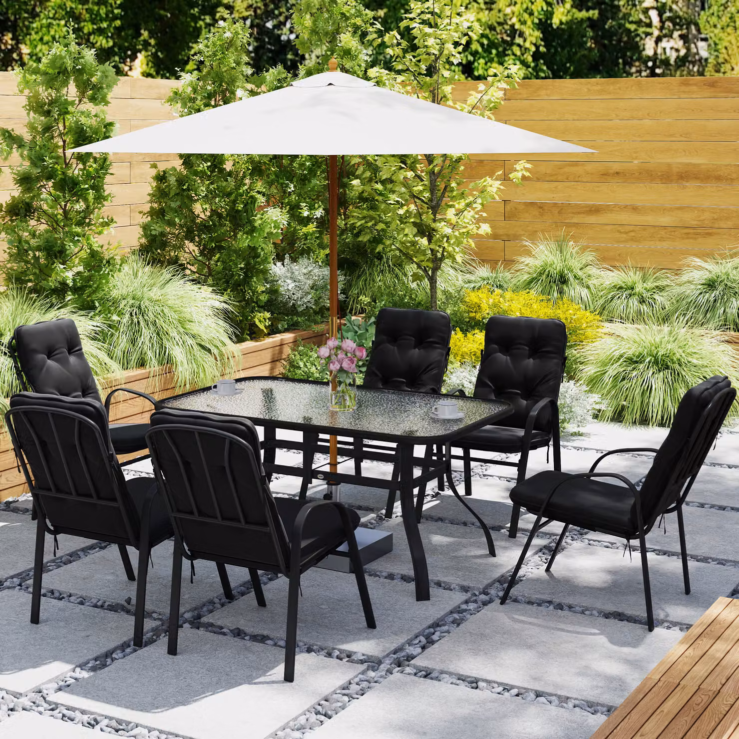 Outsunny Seven-Piece Modern Garden Dining Set with Cushions and Glass Table in Black – 6
