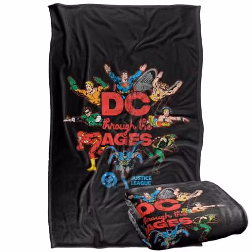 LOGOVISION Justice League DC Through The Ages Super Soft Silky Touch Fleece Throw Blanket, Multicolour, W: 91 cm, D: 147 cm – 1