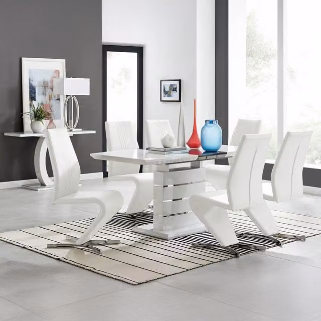 FurnitureboxUK Renato White High Gloss Extending Rectangular Kitchen Dining Table and 6 Willow Chairs