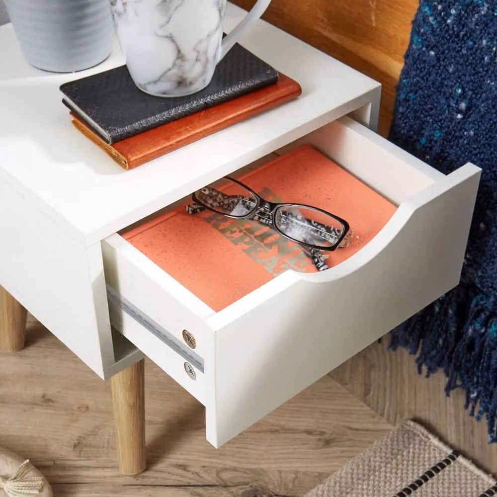 FORGEVIO White Bedside Cabinet with 1 Drawer and Solid Wood Legs – 3