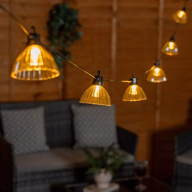 ValueLights 6 x Battery Operated Outdoor Pleated Smoked Glass Garden String Lights in Black