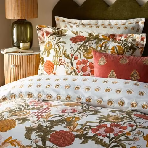 Paoletti Ishana Reversible Botanical Floral Cotton Rich Duvet Cover and Pillowcase Set, Brown and Multicolour, W: 137 cm, L: 200 cm – 2