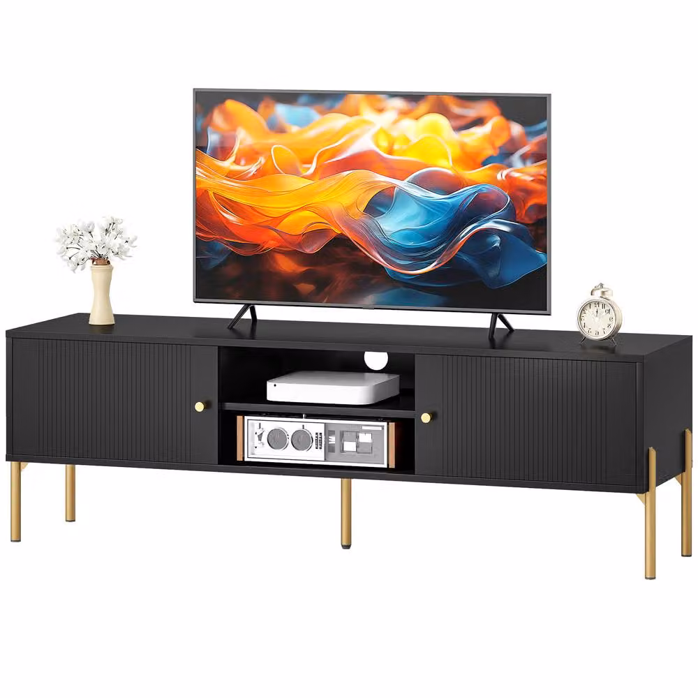 STILVORA Modern Matt Black Metal TV Stand for Living Rooms – 3