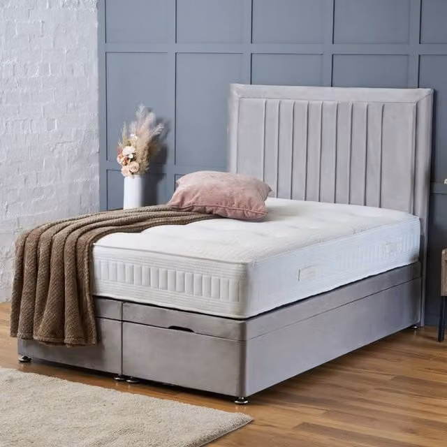 BSSPOKE Canes Ottoman Divan Bed in Silver Plush Velvet with 54 inch Headboard, Super King, W/D/H: 200 x 200 cm