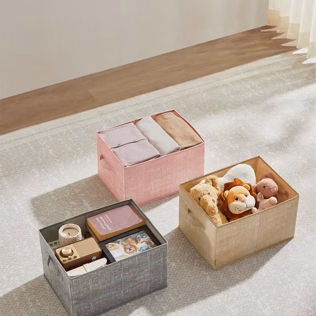 SONGMICS Set of 3 Collapsible Fabric Storage Boxes with Handles and Label Holders, Brown, W: 40 cm, D: 30 cm, H: 28.8 cm