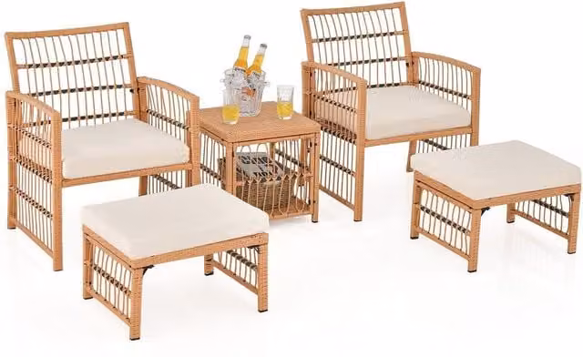Costway 5 Piece Natural Rattan and Metal Patio Wicker Sofa Set with Beige Seat Cushions