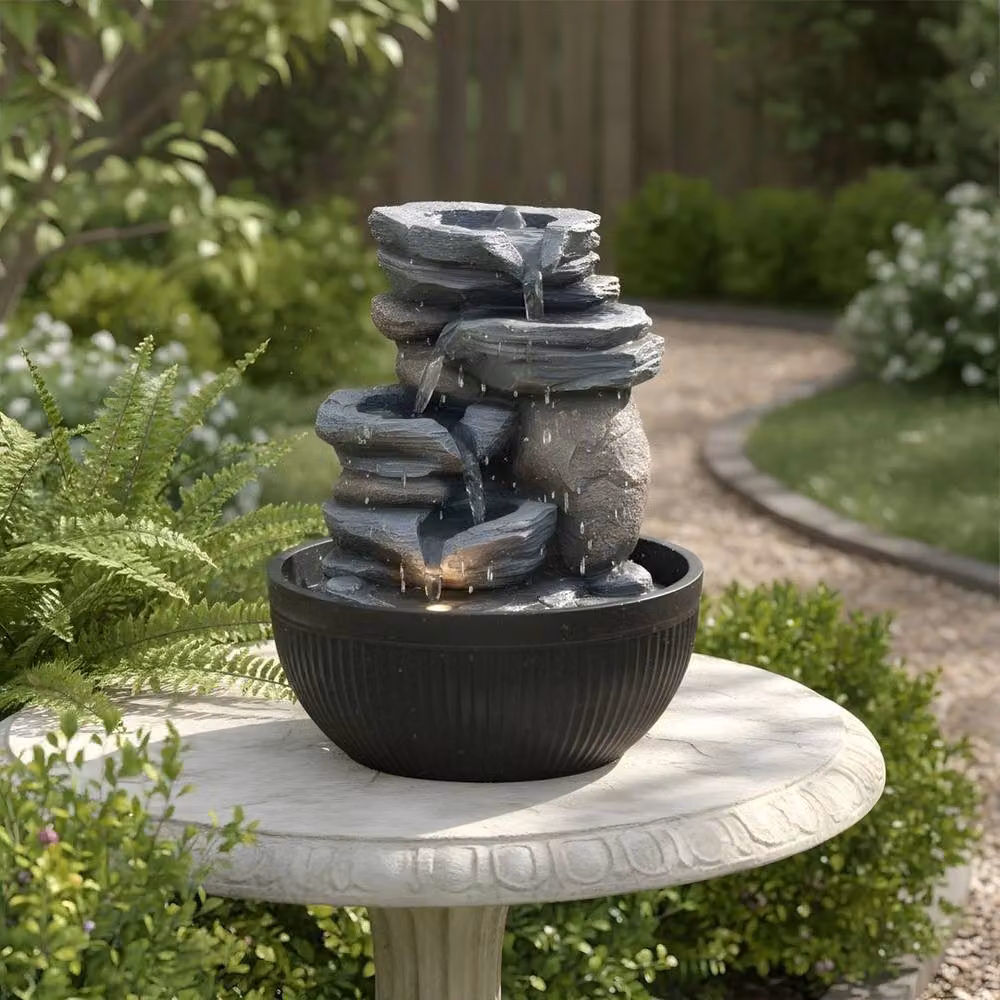 Kelvenix 4 Tier Cascading Tabletop Stone Fountain with LED Light in Grey – 3