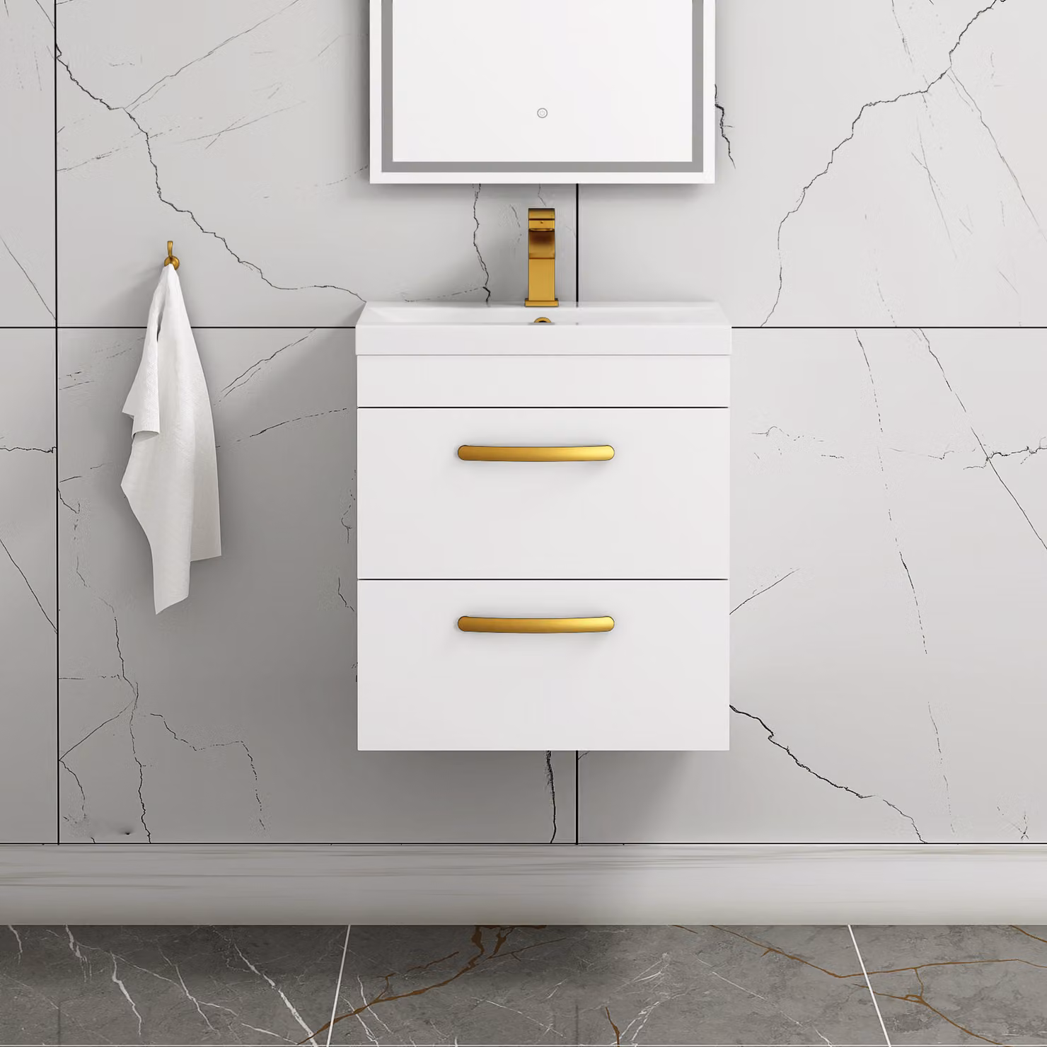 Royal Bathrooms Turin 500mm Wall Hung Gloss White Vanity Unit with 2 Drawers and Brushed Brass Handle