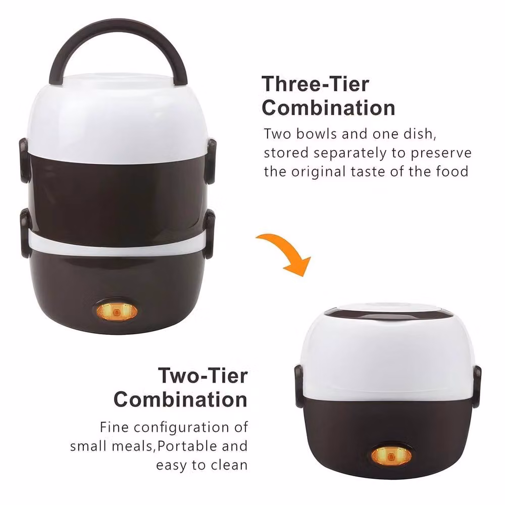 Kelvenix 3-Tier Electric Lunch Box in Black with Stainless Steel Interior and Auto Shut-off Function, 2L – 2