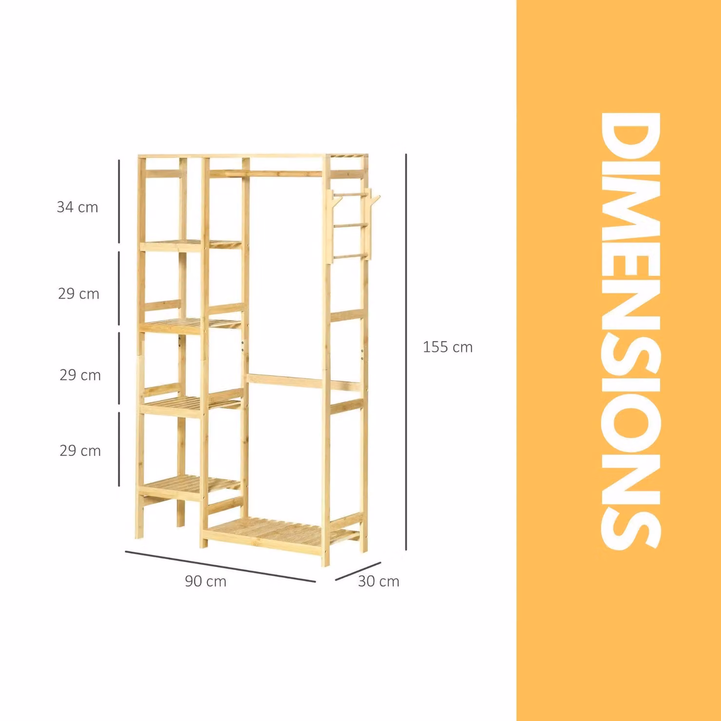 Pirlo Plush Bamboo Open Wardrobe with Shelves in Natural Beige, H 155 x W 90 x D 30 cm – 5