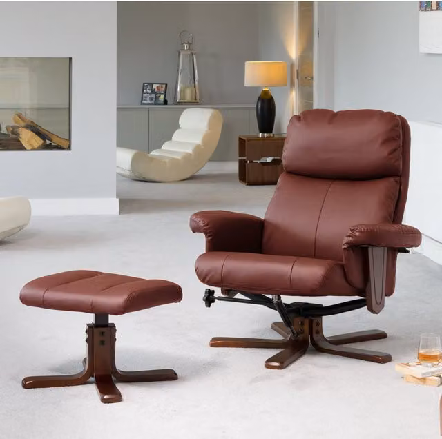 Artemis Home Woodacre Burgundy Synthetic Leather Swivel Recliner Chair with Footstool, W: 88 cm, H: 96 cm