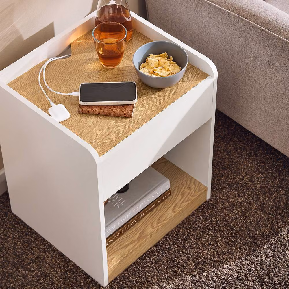 SoBuy Modern White Nightstand with Drawer and Cable Management Grommet – 3