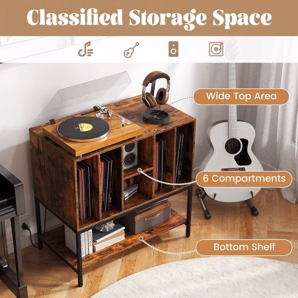 Costway Industrial Record Player Stand and Turntable Table with Charging Station in Brown – 6