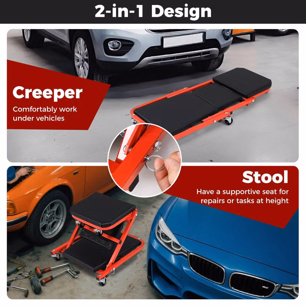 Costway 2-in-1 Folding Rolling Creeper Seat with Red PVC Padded Seat – 6