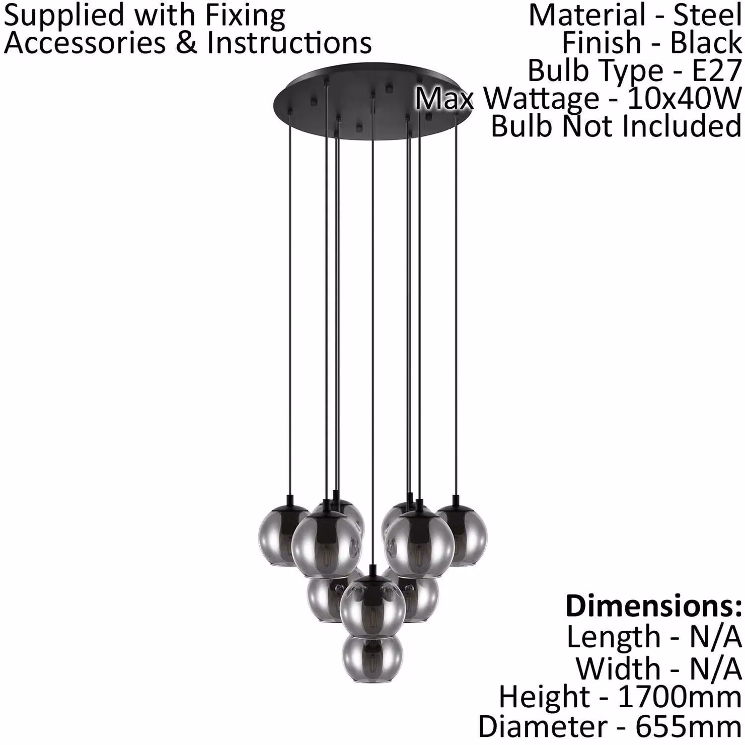 Loops Black and Transparent Glass Pendant Light with Adjustable Height and E27 Socket – 2