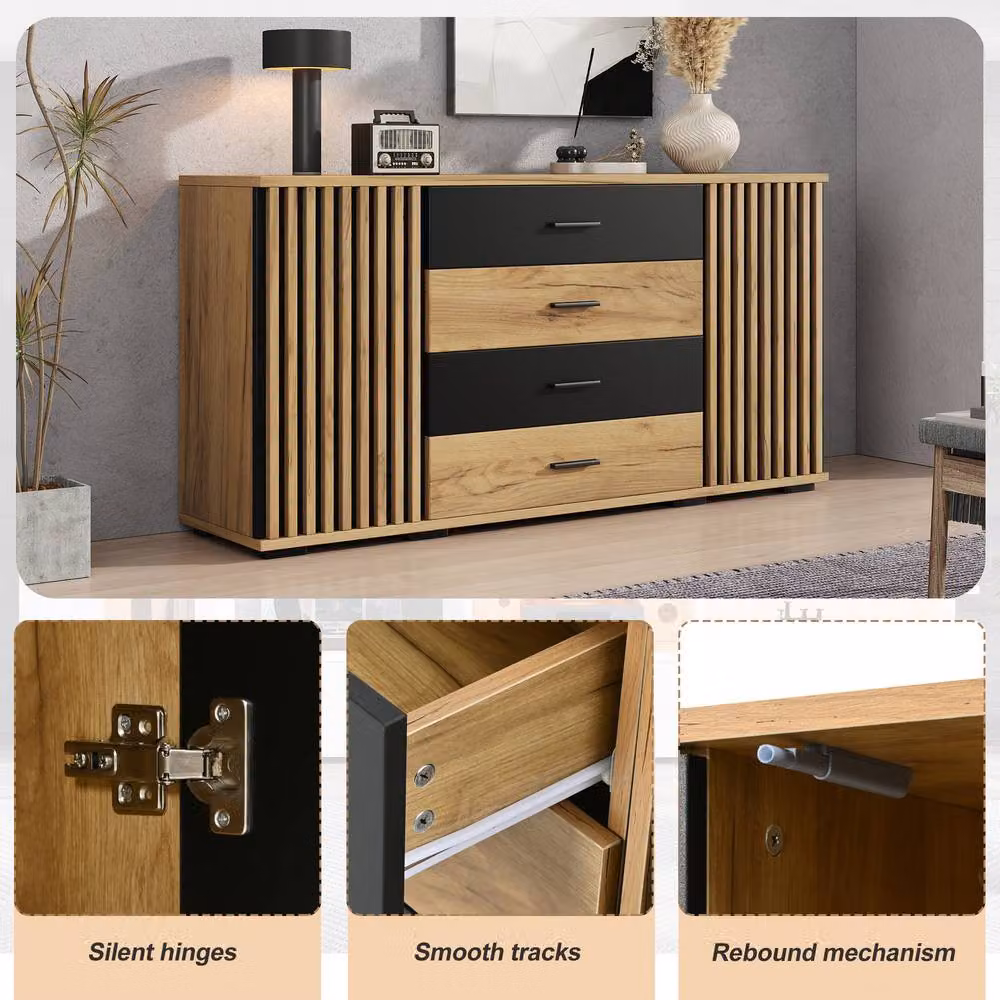 Merax Modern Oak and Black Slatted Sideboard with 2 Doors, 4 Drawers and Adjustable Shelves – 4
