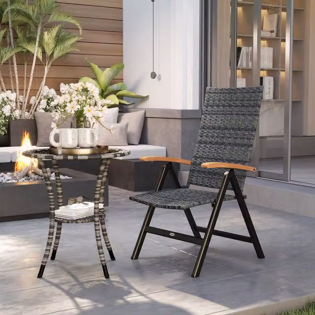 Outsunny Grey Outdoor Folding Rattan Chair with Armrest and Backrest