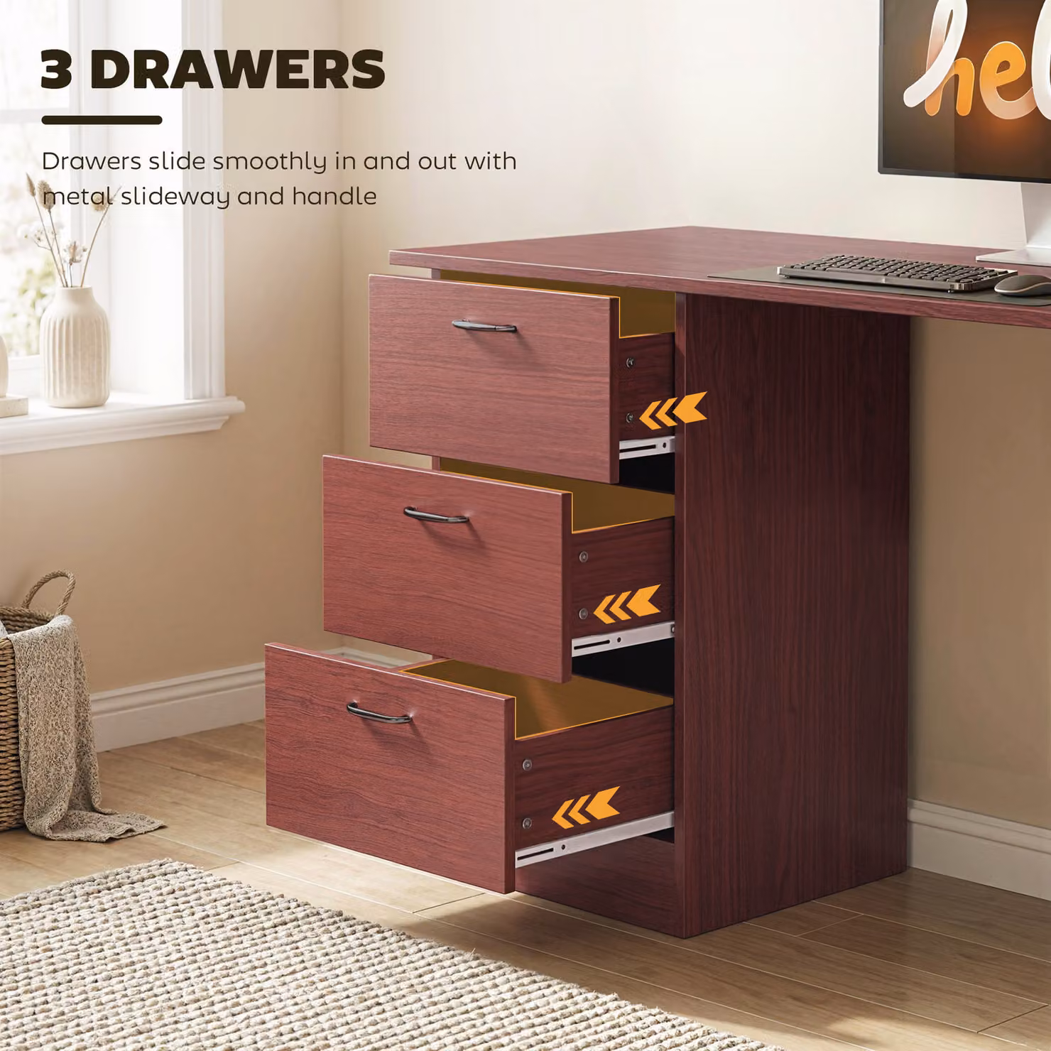 HOMCOM Computer Desk and Writing Table with 3 Storage Shelves and Drawers in Brown – 5