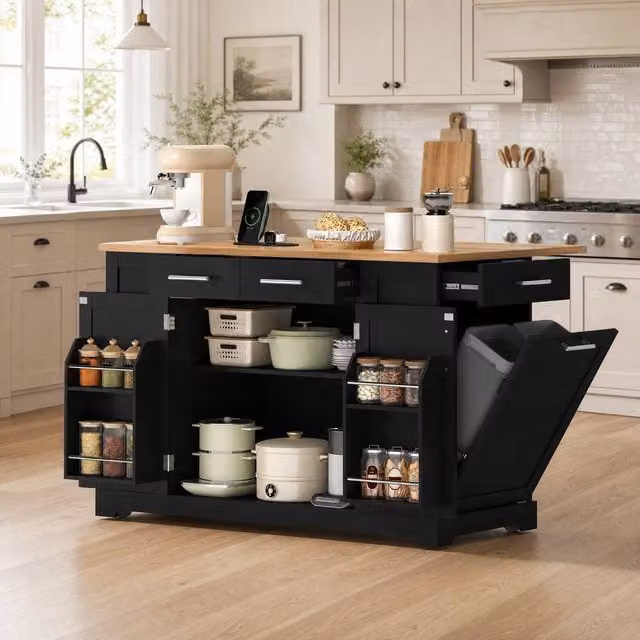 STILVORA Modern Black Kitchen Island with Folding Worktop and Power Outlet, W/D/H: 92 x 56 x 86 cm