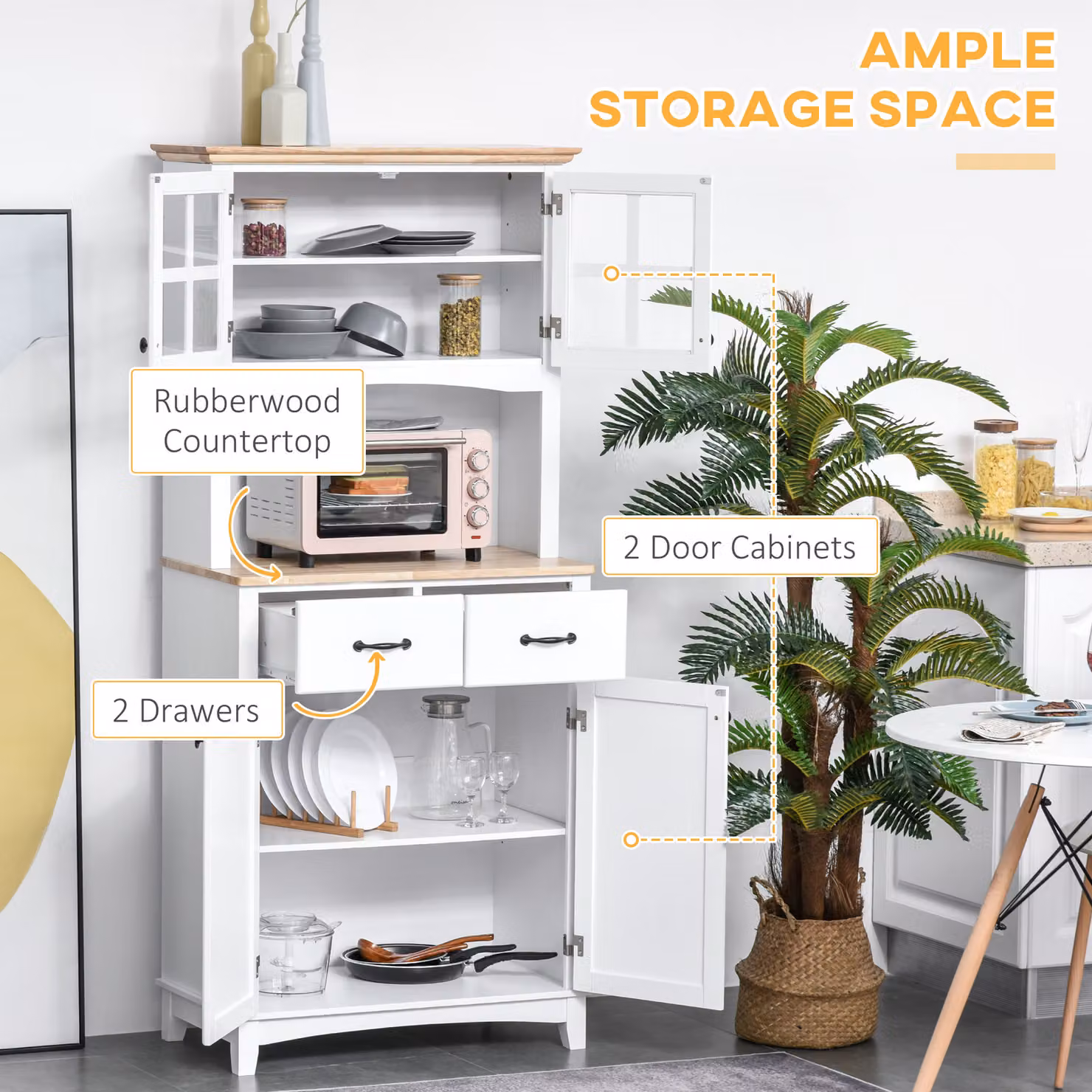 HOMCOM White Freestanding Kitchen Cupboard with Glass Doors, Drawers and Microwave Shelf, H: 172.0 cm, W: 74.0 cm, D: 37.97 cm – 2