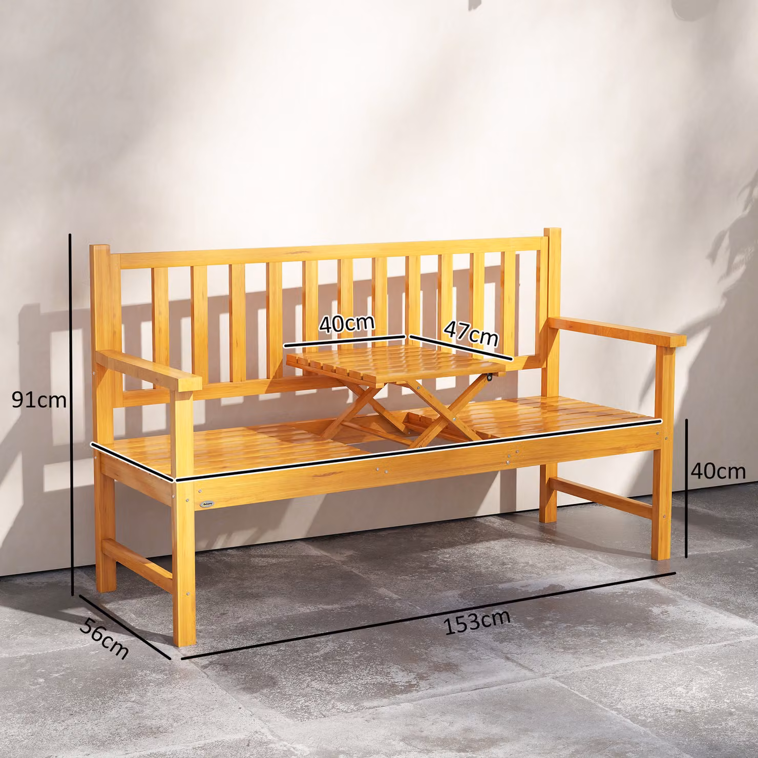 Outsunny Rustic Brown Wooden Garden Bench with Liftable Middle Table and Armrests – 3