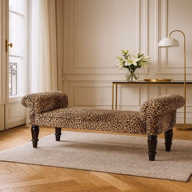 Artisan Furniture Mango Wood Upholstered Animal Print Bench in Black and Brown