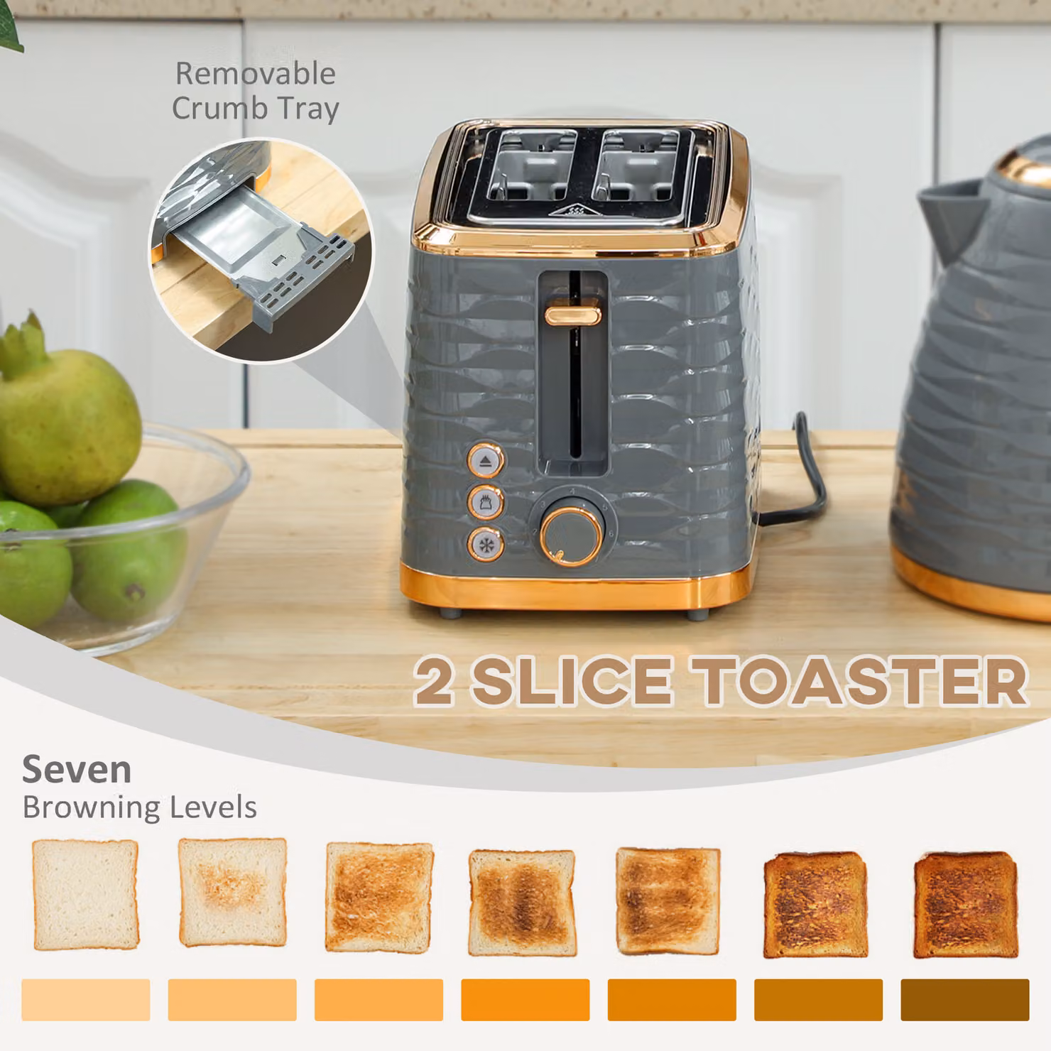 HOMCOM Grey Kettle and 2 Slice Toaster Set with 1.7 l Rapid Boil Kettle and 7 Browning Controls – 4