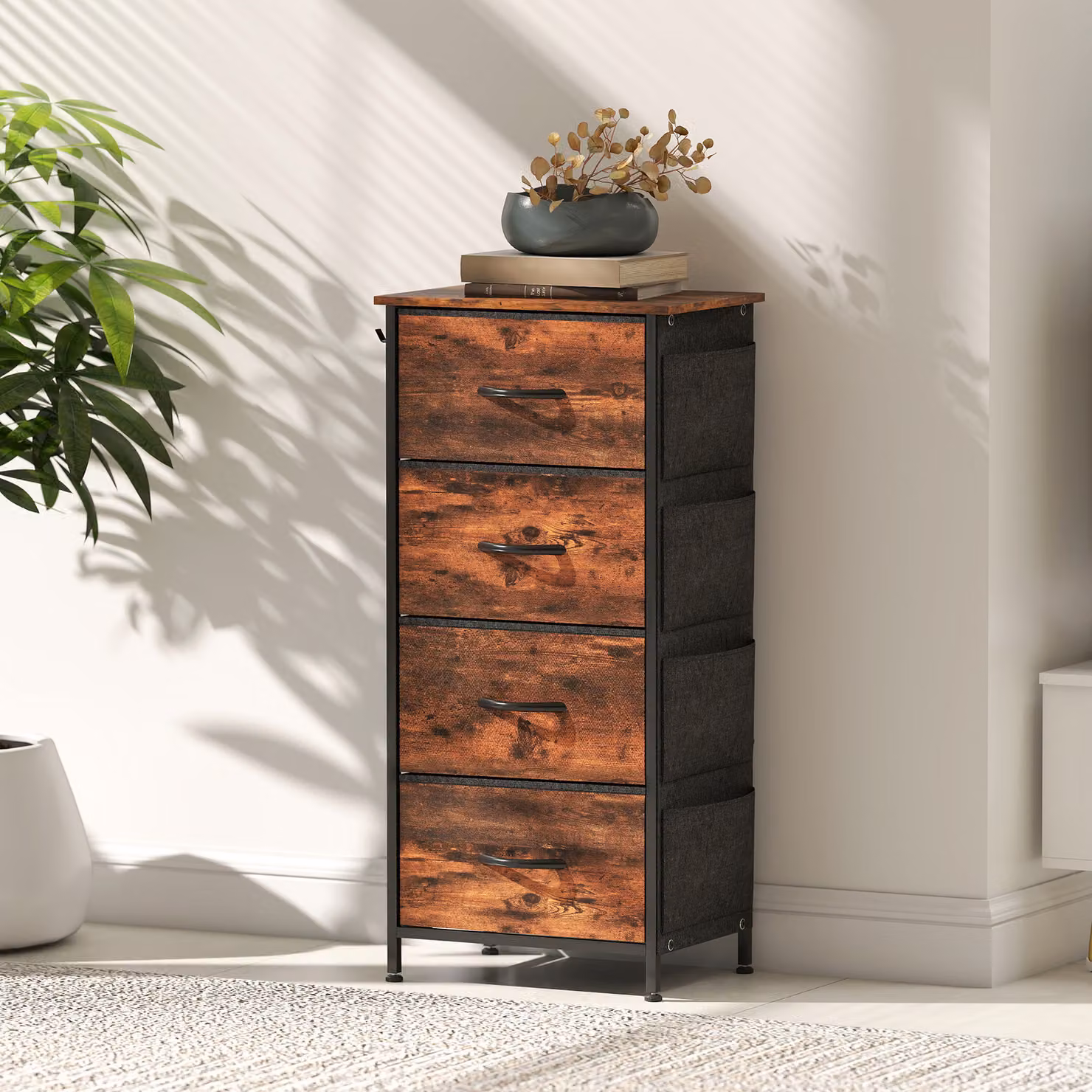HOMCOM Chest of Four Fabric Drawers in Rustic Brown with Metal Frame – 9