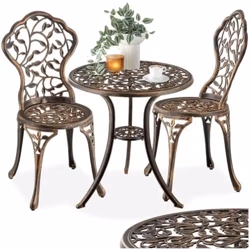 tectake Lyon 3-Piece Bistro Set for 2 People, Antique Bronze Powder Coated Aluminium Garden Table and Chairs with Floral Pattern for Balcony and Terrace