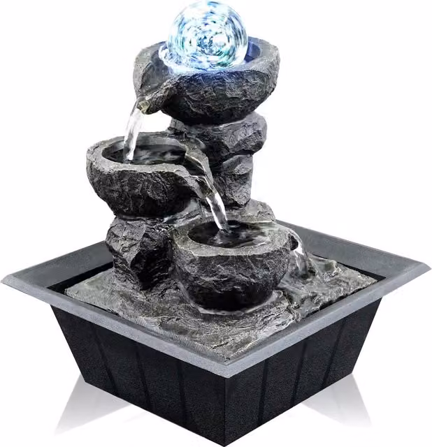 GEEZY Round Crystal Ball Indoor Tabletop Water Fountain with LED Lights in Brown, Grey or Black