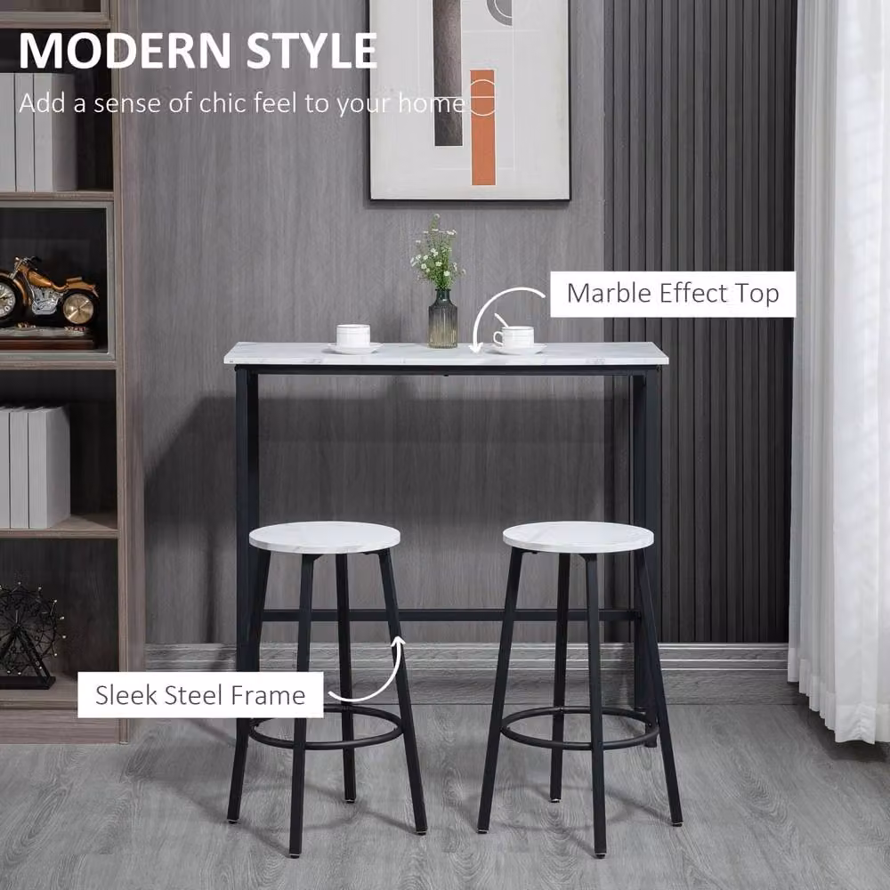 Wyld Haus Telano 3 Piece Marble Effect Bar Table and Stool Set in White and Black – 5