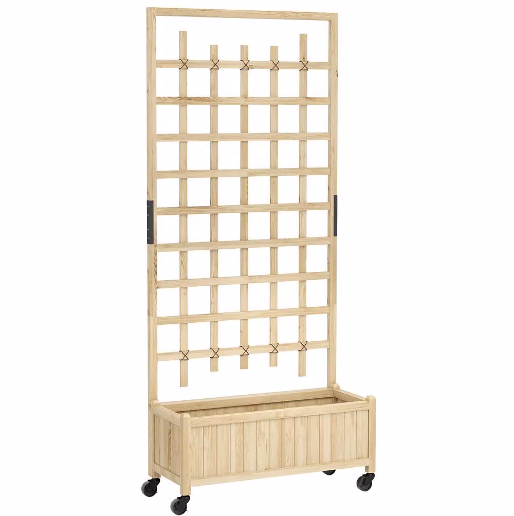 STILVORA Wooden Planter with Trellis and Wheels in Brown, Beige and Multicolour, H: 186.0 cm x W: 77.5 cm x D: 25.5 cm – 3