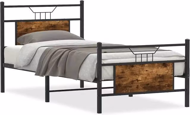 Berkfield Home Small Single Wood and Metal Bed Frame in Smoked Oak Brown, W/D/H: 75 x 190 x 91.5 cm