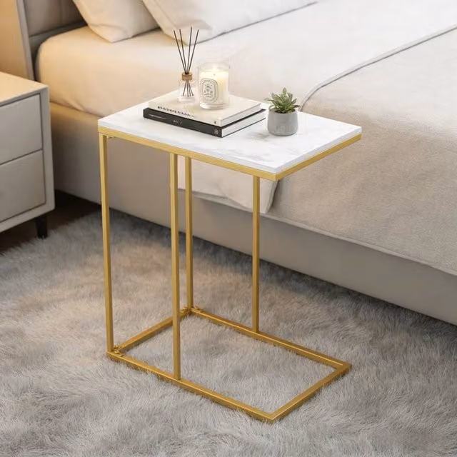 KORVIXA Modern C Shaped Coffee and Side Table with Ceramic Top in White and Gold – 1