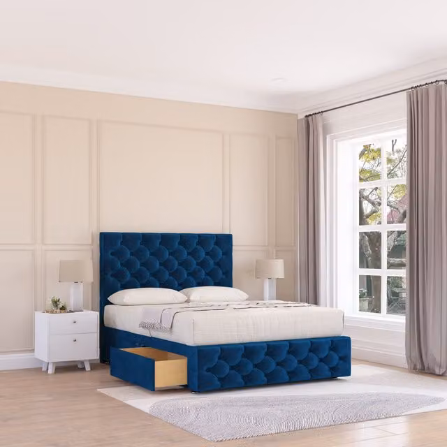 Sloomy Watson Chesterfield Divan Bed Base with Headboard and Footboard, Blue Velvet, W/D/H: 90 x 200 cm, Single