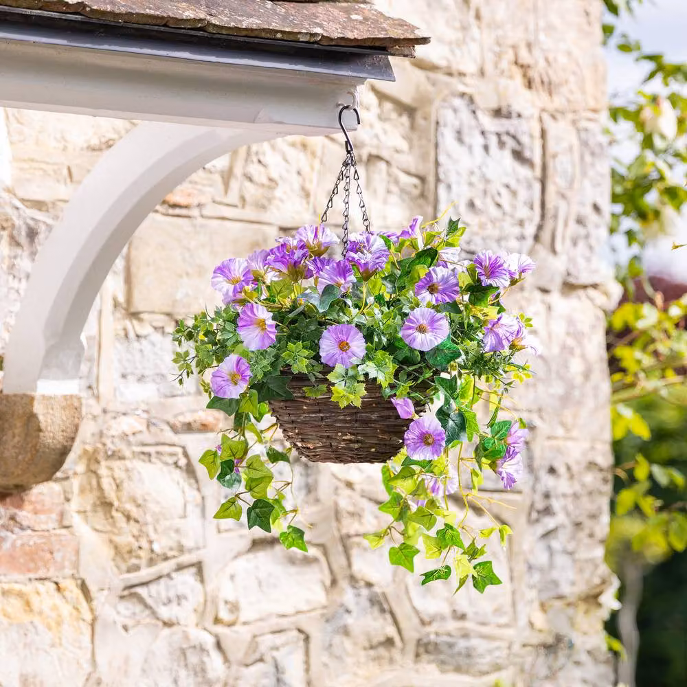 Christow Artificial Purple Petunia Wicker Hanging Basket with UV Resistant Foliage, Diameter: 25 cm – 5