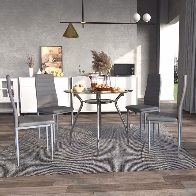 HOMCOM Modern Round Glass Dining Table and 4 Chairs Set in Grey