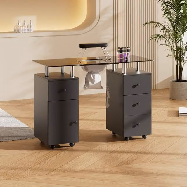Livingandhome Modern Mobile Manicure Table with Tempered Glass Top and Dust Collector in Black