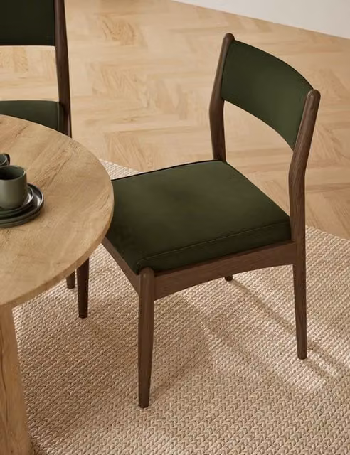 M&S Set of 2 Sherwood Velvet Dining Chairs in Green with Oak and Birch Wood Legs