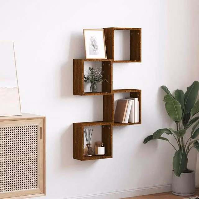 Berkfield Home Wall Mounted Cube Shelves, 4 Piece Set, Brown Oak, W/D/H: 30 x 15 x 30 cm