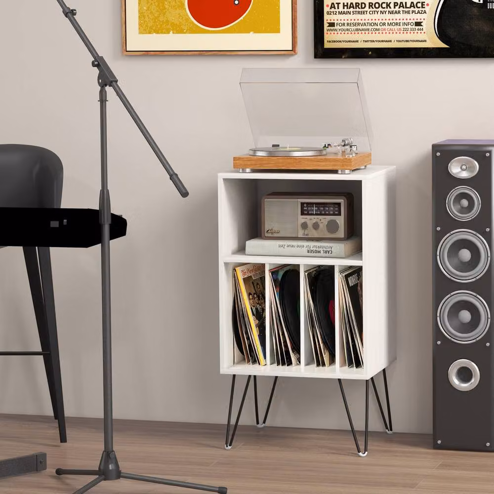 Gymax White Metal Turntable Display Shelf and Vinyl Record Player Stand with Media Compartments – 4