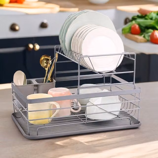 Livingandhome 2 Tier Metal Dish Drainer with Drip Tray and Cutlery Holder in Silver and Grey