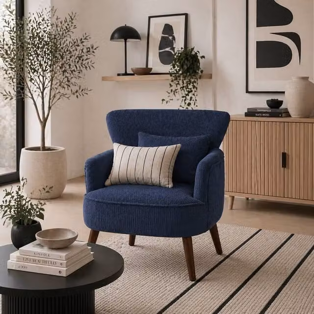 Wyld Haus Kesu Blue Corduroy Retro Accent Armchair with Solid Wood Frame and Armrests – 1